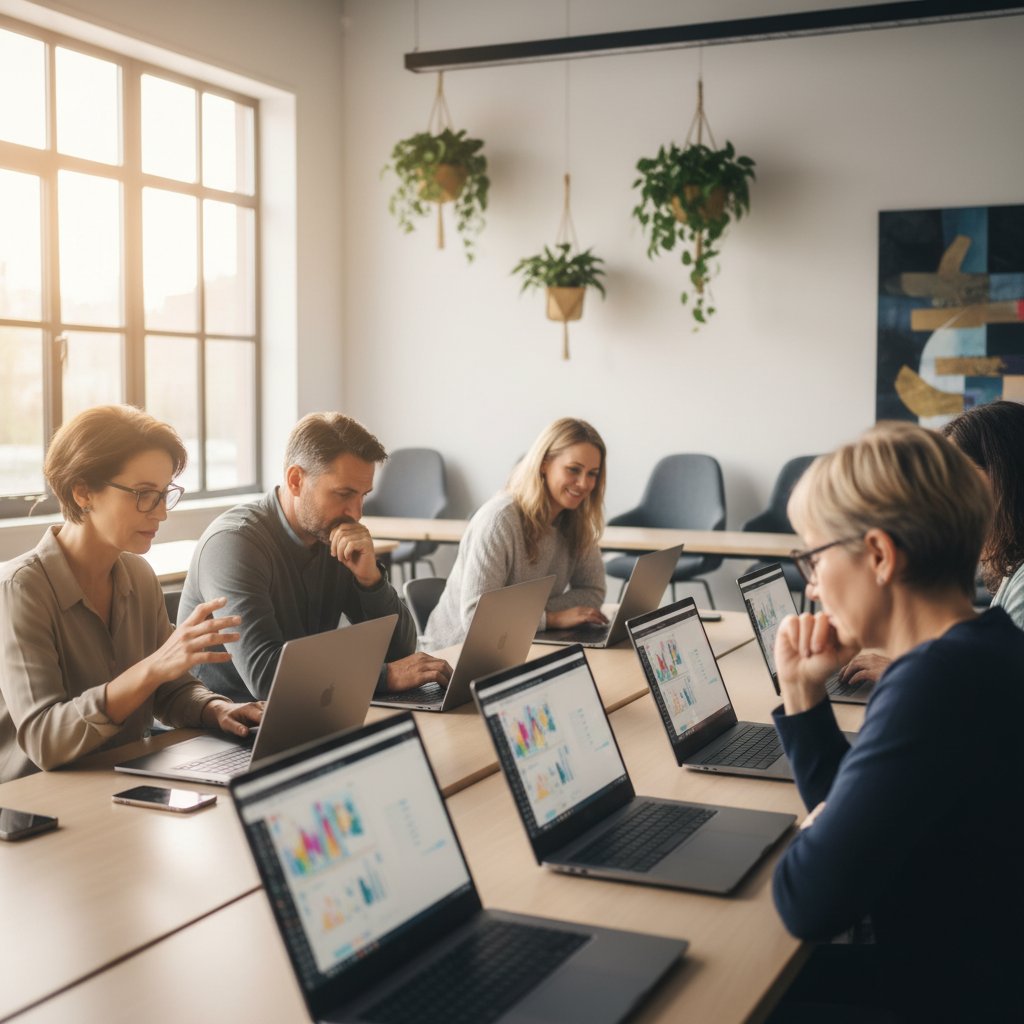 Dorośli uczestnicy kursu cyfrowego podczas zajęć w nowoczesnej pracowni komputerowej
